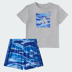 Kids' Two Piece Short Sleeve Cotton Heather Tee and Elastic Waistband Printed Shorts Set